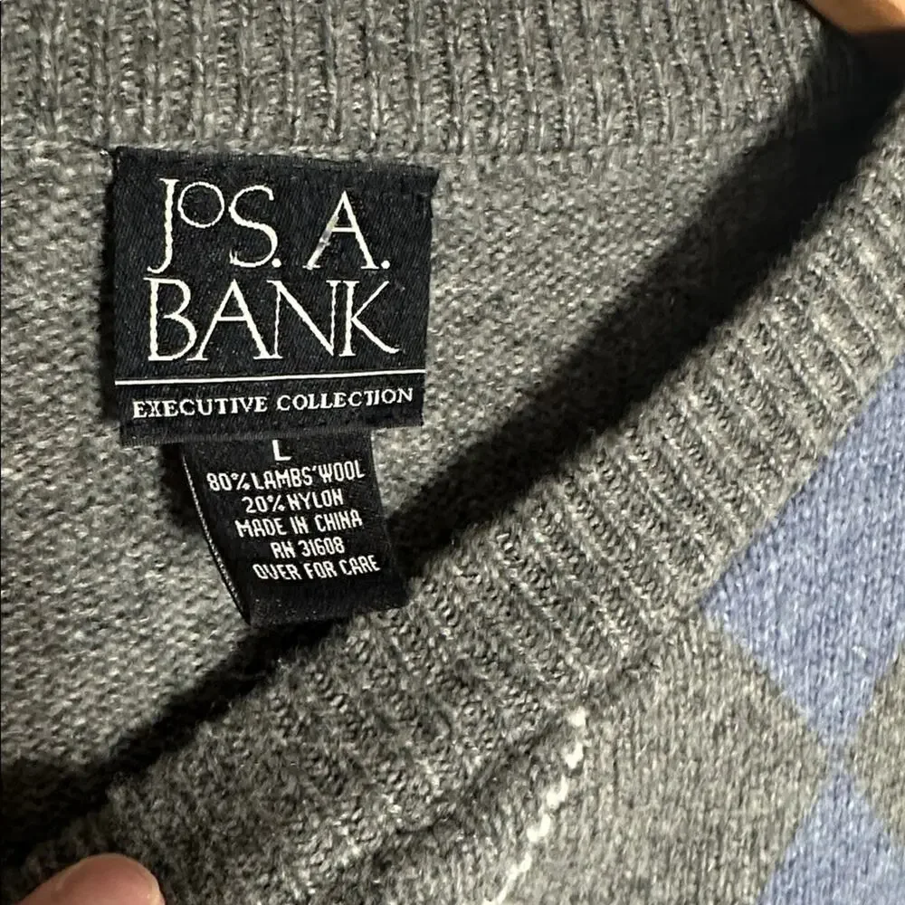 Jos. A Bank Gray Blue Lambswool Argyle Crewneck Sweater Preppy Cozy Classic